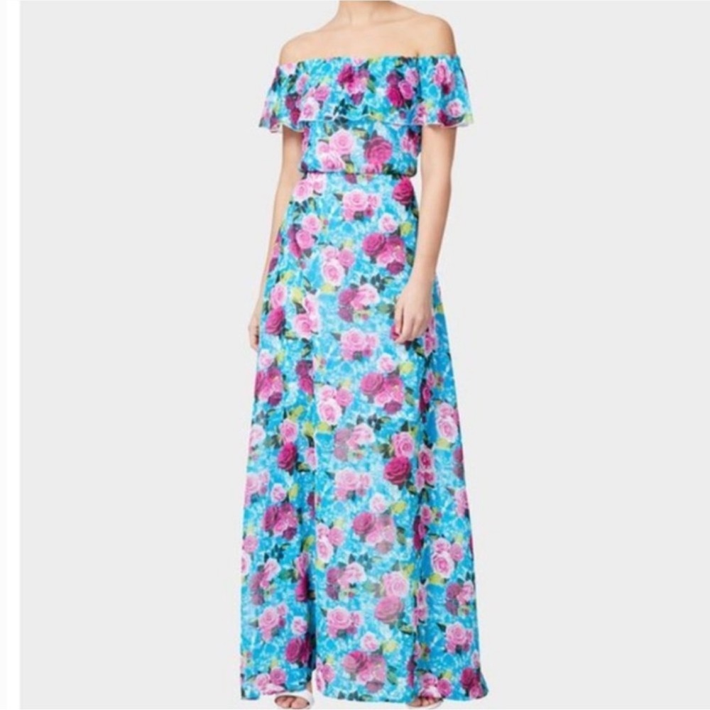 Betsey Johnson Off-The-Shoulder Floral Maxi Dress Malibu Blue